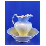 Vintage Blue Yellow Wash Basin & Pitcher Set
