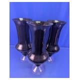 Vintage Black Glass Flared Pedestal Vases Trio