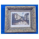 Framed European Street Scene Etching