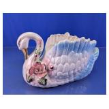 Vintage Iridescent Ceramic Swan Planter Bow