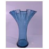 Vintage Blue Ruffled Art Glass Vase