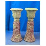 Textured Green & Brown Pillar Candle Holders Set