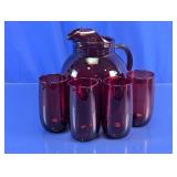 Vtg Ruby Red Glass Pitcher & Tumbler Set