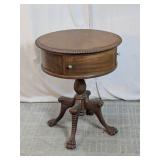 Vintage Carved Wood Round Accent Drum Table