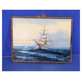 Vtg Signed Sailboat Oil Painting W/ Rope Frame