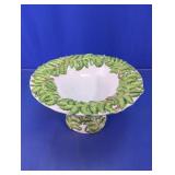 Pedestal Bowl with Embossed Green Leaf Trim