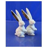 White Ceramic Bunny Figurines with Gold Ears Pair