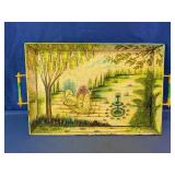 Hand-Painted Metal Garden Scene Serving Tray