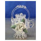 Spun Glass Teapot Figurine w/ Glass Rose