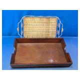 Wooden Serving Tray & Woven Wire Basket Set