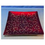 Red Glass Decorative Tray With Gold Vine Design