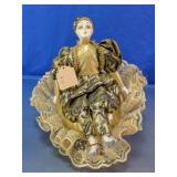 Porcelain Harlequin Jester Doll on Heart Pillow