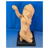 Terracotta Reaching Child Figurine on Wooden Base