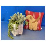 Artificial Succulent Planter & Hooked Pillow Lot