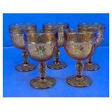 Amber Pressed Glass Floral Stemware Goblets Lot