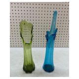 Vintage green and blue swung art glass vases