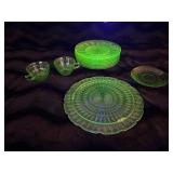 Uranium depression glass plates, tea cups, and more