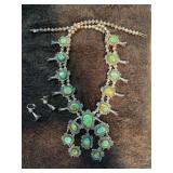 Genuine Squash Blossom Necklace and Earrings with Turquoise Stones