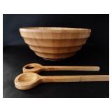 Ribbed Handmade Wooden Salad Bowl & Utensils