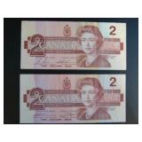 1986 Canadian $2 Bank Notes