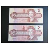 1986 Canadian $2 Bank Notes