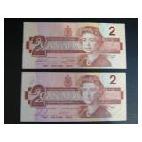 1986 Canadian $2 Bank Notes