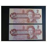 1986 Canadian $2 Bank Notes