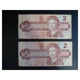 1986 Canadian $2 Bank Notes
