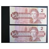 1986 Canadian $2 Bank Notes