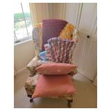 Assorted Pillows and Handmade Blankets on Floral Chair