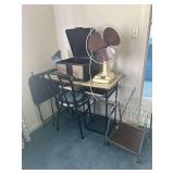 Record Player on Table with Fan, Lamp, Chair & Record Rack
