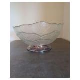 Frosted Glass Leaf Pattern Bowl with Metal Base
