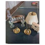 Collection of Home Decor: Glass Lamps, Brass Candlesticks, Spice Rack, Piano