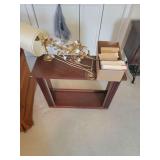 Small Wood Table, Floral Lamp, and Box of Books