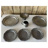 Lot of Pewter Plates, Creamer, and Footed Bowl - Various Makers