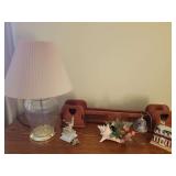 Assorted Home Decor Items: Lamp, Figurines, Letter Holder