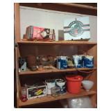 Shelf of Mixed Household Items - Paint, Boxes, and More