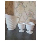 Milk Glass Pitcher and Dessert Bowls Set