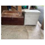 Wooden Trunk and Wicker Laundry Hamper with Lid