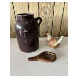 Decorative Ceramic Chicken, Brown Stoneware Crock and Wooden Mold