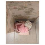 Bathroom Decor Lot: Wicker Shelf, Towels, and Accessories