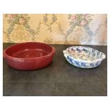 Two Pottery Baking Dishes - Red and Blue Floral