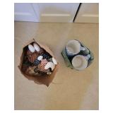 Decorated Patriotic Doll and Two Speckled Mugs