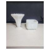 Two White Milk Glass Grape Design Vases