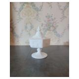 Milk Glass Covered Compote Candy Dish with Grape Design