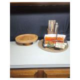 Wooden Serving Platter, Knife Block, and Napkin Holder Set