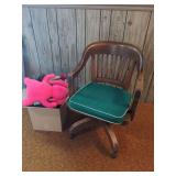 Wooden Swivel Desk Chair and Box of Plush Toys