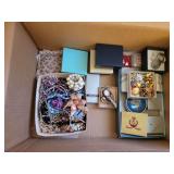 Box Lot of Jewelry: Necklaces, Brooches, Earrings, Watch