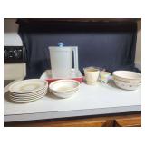Assorted Kitchenware Lot: Corelle Plates, Bowls, Pitcher, Baking Dish, and More