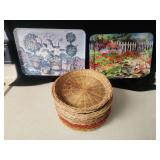Floral & Garden Print Trays (2) and Woven Straw Plates (8)